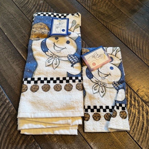NWT Pillsbury Doughboy "Got Cookies" Blue Kitchen Towel Set Cotton Rare New - Picture 1 of 7